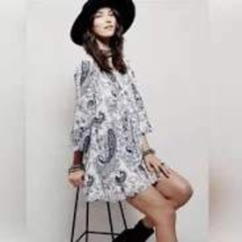 Free People Rain or Shine Peasant Lace Up Dress S Purple Paisley Boho Crochet - Picture 2 of 13